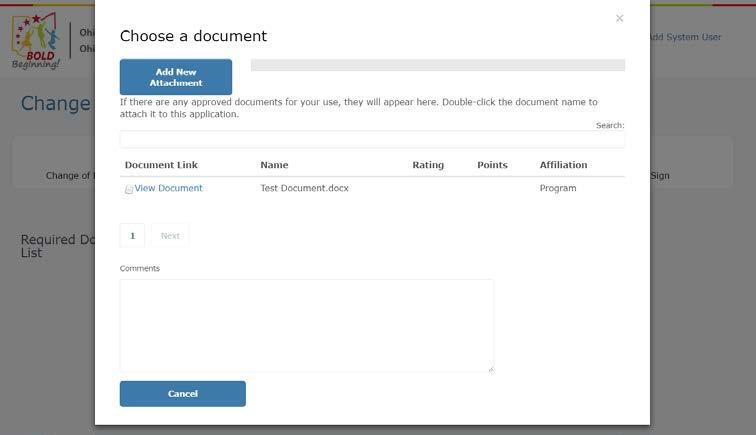 When documents are required during applications, registrations, and amendments, a screen similar to the one in Step 1 of this action will be displayed.