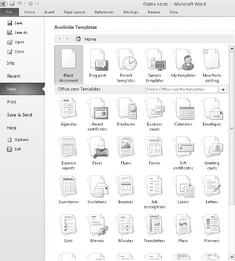 14 Part I: Getting to Know Microsoft Office 2010 Figure 1-3: The New command displays a variety of files you can create.