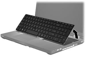 6. Lift the rear edge of the keyboard (1), and then swing the keyboard up and forward (2) until it rests upside down on the palm rest.