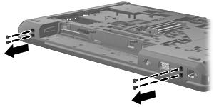 6. Position the computer with the battery bay toward you. 7. Remove the four Torx TM2.5 6.