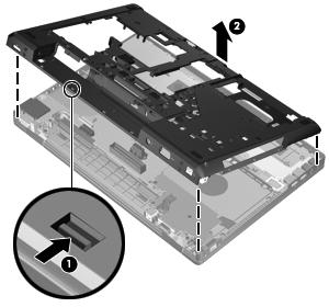 11. Remove the base enclosure from the computer (2).