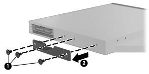 10. Remove the optical drive bracket (2). Reverse this procedure to reassemble and install the optical drive. Upgrade bay Before removing the upgrade bay, follow these steps: 1. Turn off the computer.