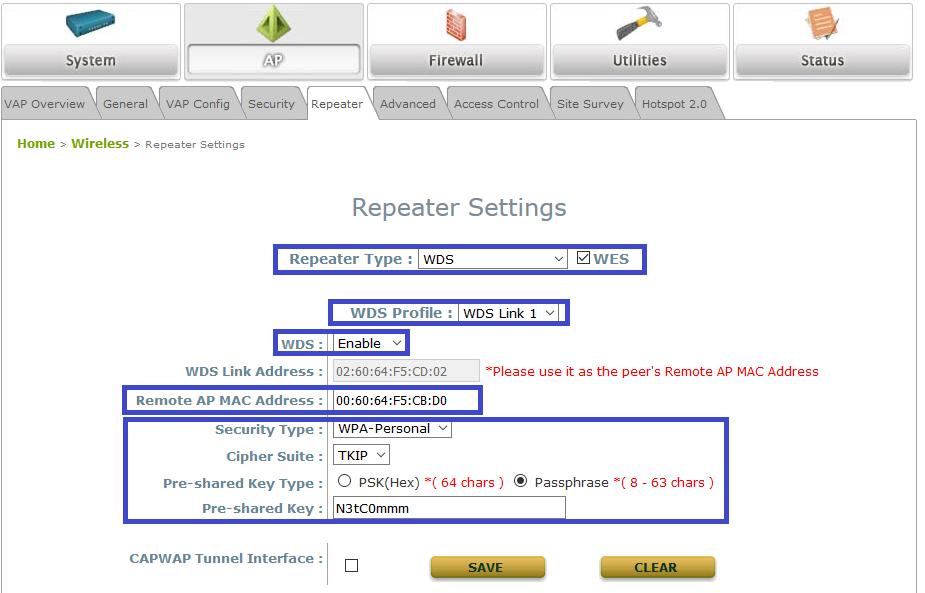 5 Navigate to the AP > Repeater page: Important The AP > Repeater Settings are different for the AP (see section WDS Link settings for Access Point, below) and the Repeaters (see section Configure AP