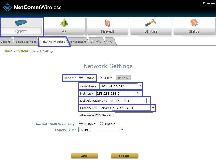 1. Configure AP device Network settings The first NP731 is connected directly with the router as the Access Point (AP).