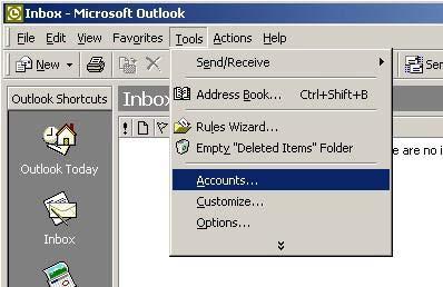 P age 43 Check your account 12. Outlook will now build the Outlook Toolbar, and then open up your Inbox. Go to the Tools menu, click Accounts.
