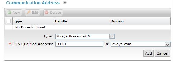 Continuing from above, select New in the Communication Address section: Select Avaya Presence/IM from the Type drop down menu.