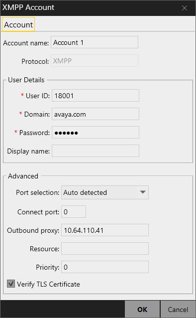 Add an XMPP Account as follows: Name: A descriptive name. User ID/Password: As configured in Section 6.2.