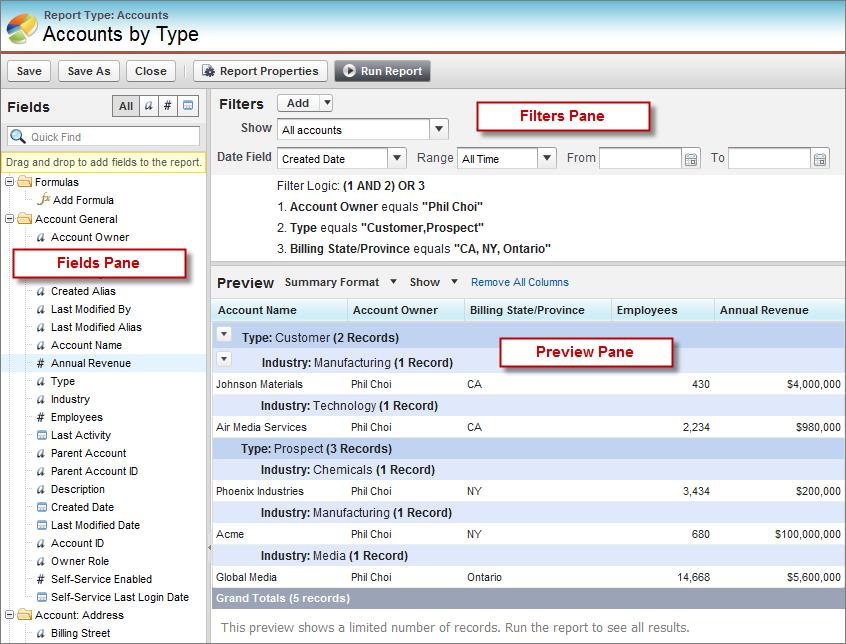 Using the Drag-and-Drop Report Builder Working with Report Builder In the joined report format, the Fields pane displays fields from all report types added to the report, organized by report type.