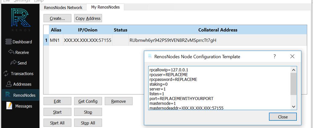 Open RenosCoin configuration file b a c Go to a) RenosNodes tab,