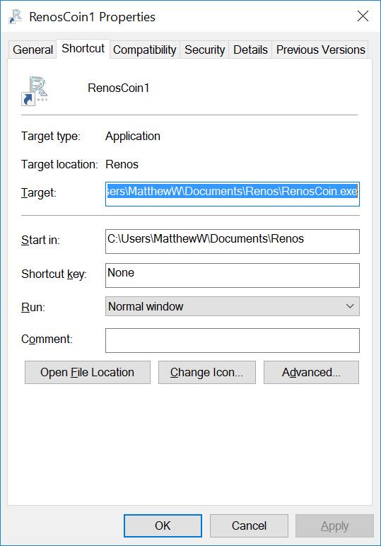 Link the target of each shortcut to the wallet instance Change target to: C:\..\RENOSFOLDER\RenosCoin.