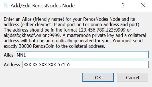 Enter an Alias which is the name of the node and Address which is your external IP