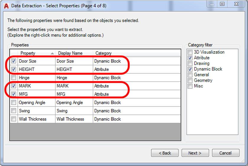 In the Properties section, remove the check from all items except Door Size, HEIGHT, MARK,