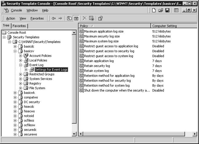 Deploying Security Templates 27 other options unique to log files in Windows 2000 Server.