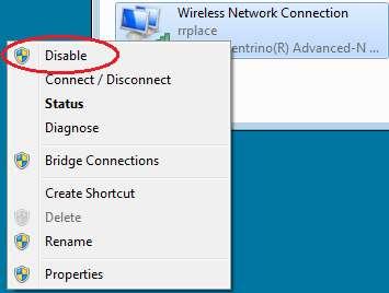 d. Select and right-click the Wireless Network Connection, and then click Disable to disable your wireless NIC. e. Examine your system tray.