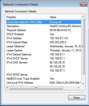 d. Click Details to display the Network Connection Details window.