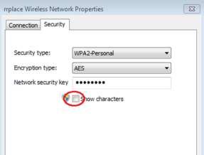 h. In the Wireless Network Properties window, click the Security tab. i. The type of security the connected wireless router has implemented displays.