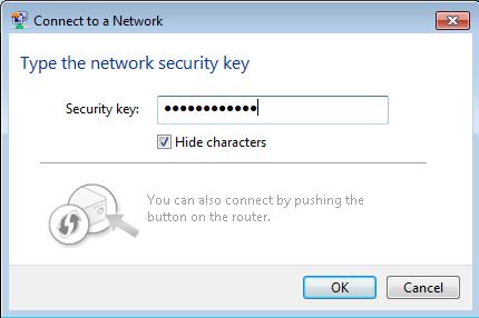 l. If you have selected a secure SSID, you are prompted to enter the Security key for the SSID. Type the security key for that SSID and click OK.