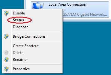 On the Network Connections window, select and right-click the Local Area Connection option to display the drop-down list. If the NIC is disabled, enable it, and then click the Status option.