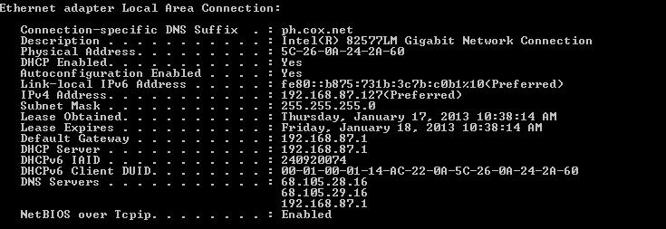 d. Open a command window prompt and type ipconfig /all. Find your Local Area Connection information and compare this with the information displayed in the Network Connection Details window. e.