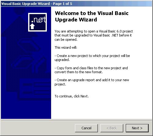 Converting a VB Application to.net VB.NET includes an Upgrade Wizard to convert programs developed in VB 6.0. The steps for using the Upgrade Wizard are as follows. 1. Start VS.NET. From the File menu, select Open>Project.