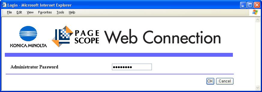 What is the Administrator Password used for accessing the Administrator Setting mode via the PageScope Web Connection % When accessing the Administrator Setting mode using the Page- Scope Web