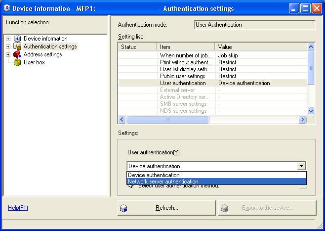 Application Software 4 4 From the pull-down menu of User authentication, select the user authentication method. 5 Click the [Export to the device].