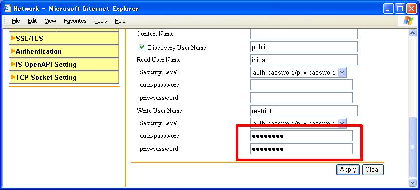 Administrator Operations 4 Enter the auth-password and priv-password in the boxes marked by the rectangle, that is, the Write side SNMP v3 Setting.