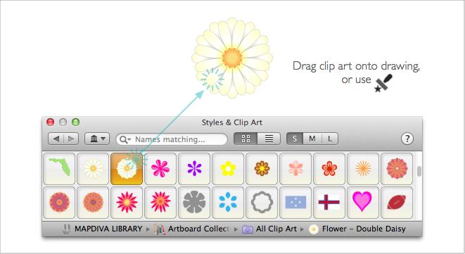 To Add Clip Art to Your Drawing: Do one of the following: Choose the Select [s] tool from the Tools palette then drag-and-drop clip art from the Styles & Clip Art palette directly onto your drawing