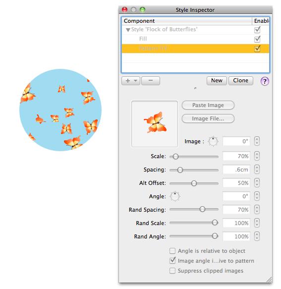 To Add a Pattern Fill: Using the Pattern Fill, objects, symbols, or images are regularly repeated within the fill area. 1. Press the '+' button and choose 'Pattern Fill' from the drop-down menu. 2.