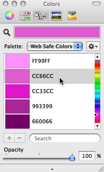 There are a few default color palette lists, including Web Safe Colors. The strength of the Color Palettes is that you can make your own. Use the Magnifying Glass to select just the right colors.