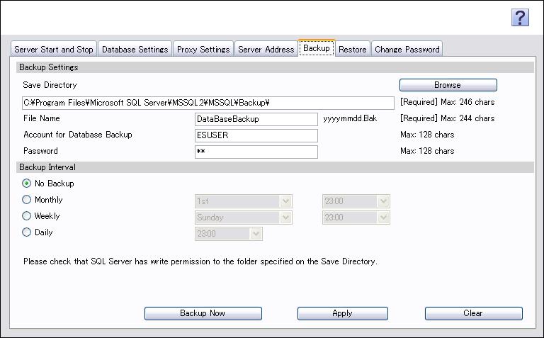 Using Admin Console 7 Function Backup Settings Description Specify the location where the backup file is to be saved.