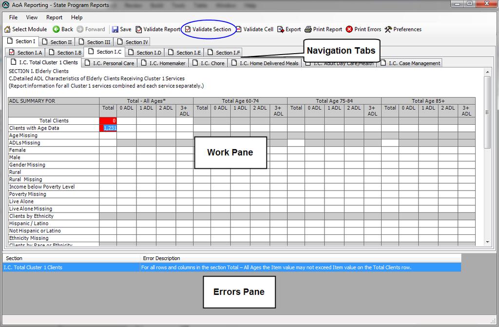 Validating a Section When you validate a section within a program report, an Error pane appears in the lower right of the screen. Numbers in any cells related to the errors change color.