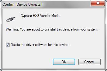 Open the Device Manager and locate the Cypress HX Vendor Mode device. Right-click the device and select Uninstall, as shown in Figure -. Figure -. Uninstalling CYUSBHX Driver.