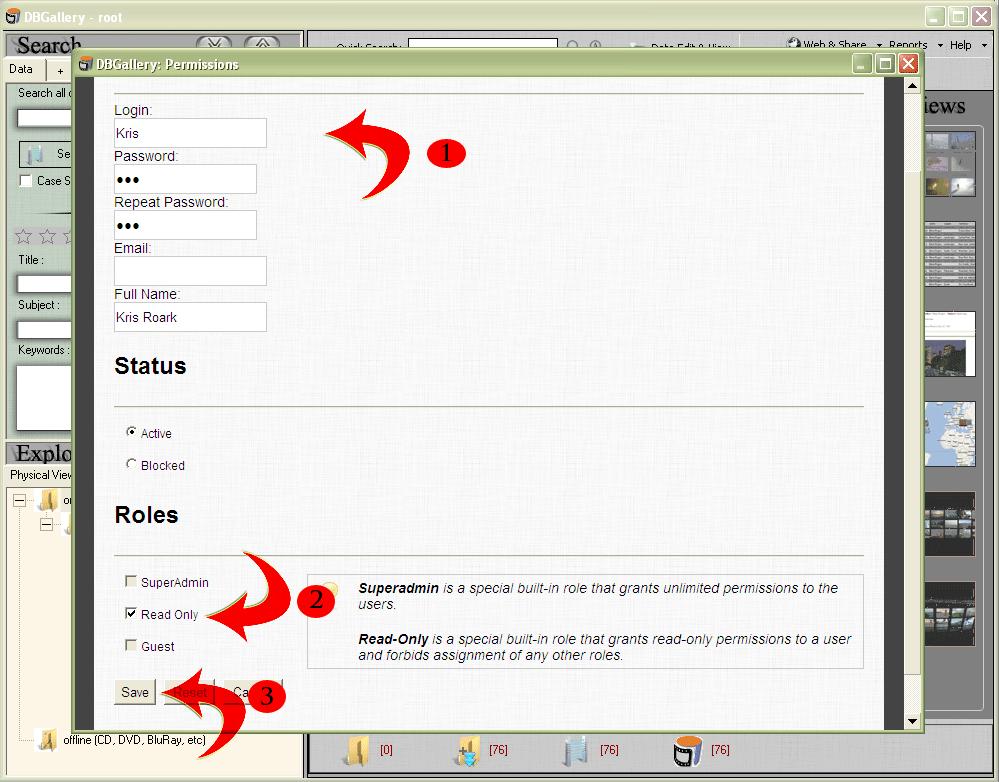 Step 6 Here is where the new read-only user gets added to the system. There are 3 things to do here, as shown in Figure 6: 1) Key the Login, Password, and Full Name.