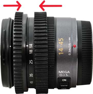 Panasonic LUMIX G VARIO 14-45 f/3.5-5.6 ASPH MEGA O.I.S. Lens Slide the Zoom and Focus Gear Rings onto the lens from the direction as shown by the red arrows below.