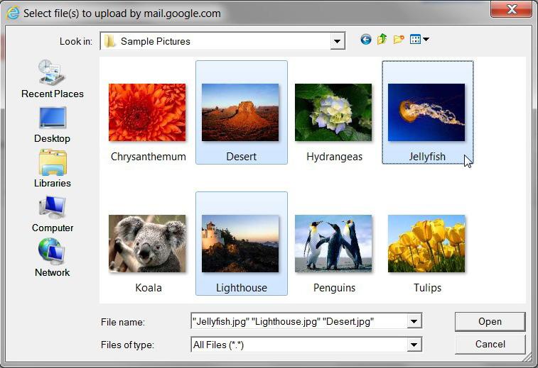 For example, if you have a photo in your Windows Pictures library that you want to attach, click on Libraries on the left, then Pictures, then select the folder and the photo you want to attach.