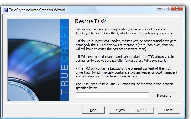 Click Next again at the Keys Generated summary window. You are now requested to create a Rescue CD. Select Browse, navigate to the Rescue CD folder for this laptop (as mentioned in section 4.