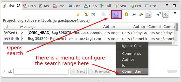 Note The Git Search available in the Search Search menu is much more powerful and consumes less memory