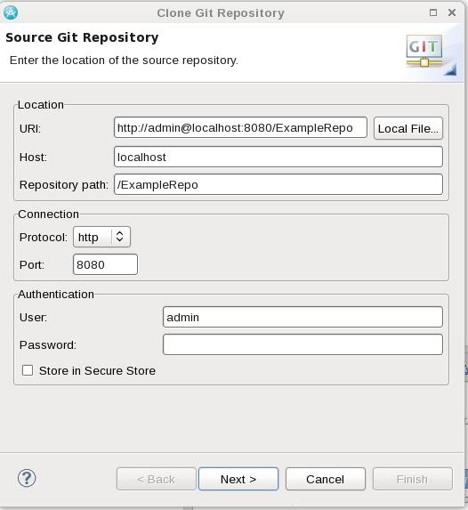 On the wizard pages that follow you can specify where in the local file system the repository will be located and also give a possibility to import any contained Eclipse projects into