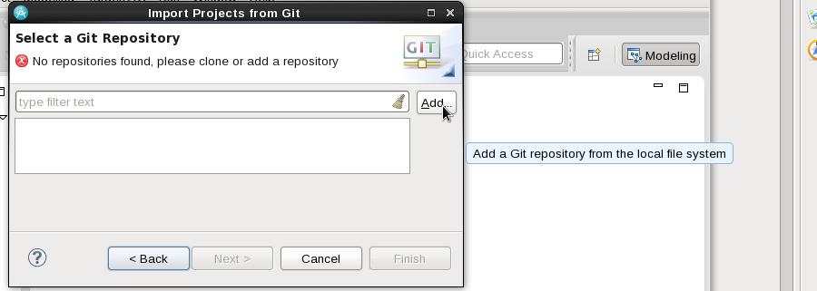 In the Select a Git Repository dialog press Add to