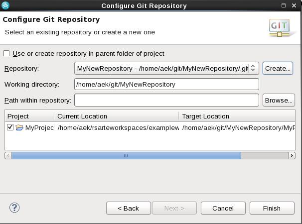 If you now press Finish several things will happen behind the scenes: A new Git repository will be created and initialized in the specified location Your project will in the file system be moved from