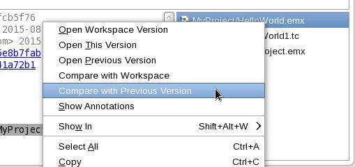 To check the changes for a specific file and a specific commit use the compare commands available in the context menu.