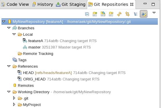 The Git Repositories view gives a summary of key aspects of the repositories you currently are working with inside RSARTE.