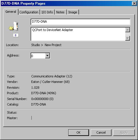 D77D-DNA Property Page By performing a right mouse click on the D77D-DNA and choosing Properties the MAC ID can be viewed/changed and the IO data can be viewed.
