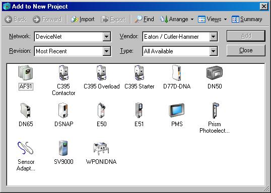 Add Device For this example a DeviceNet adapter (D77D-DNA) was used. Once the project has been created the next step is to add the devices that compose the system.