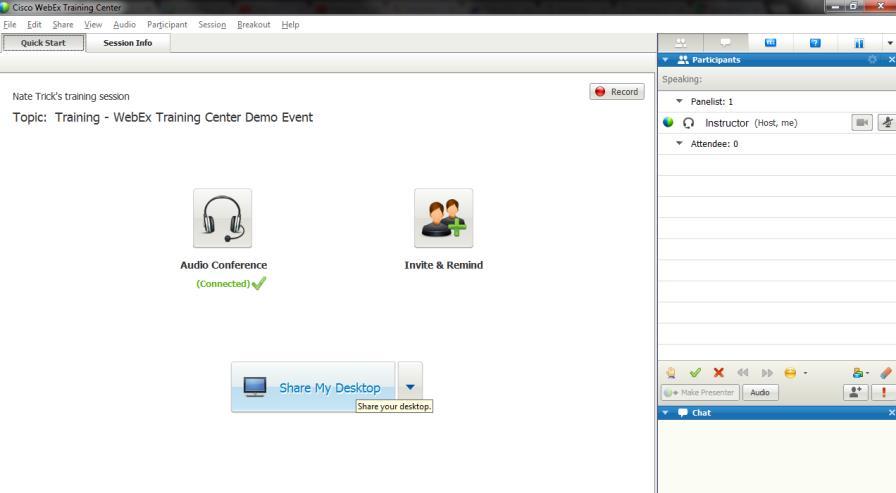 10. You are now hosting the WebEx Training Center event Scheduling a Training Session in WebEx 1. Go to https://webex.uncc.edu 2.