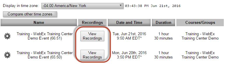 5. You will then see the View Recordings buttons for any previous sessions. Click View Recordings for the event video you wish to download 6.