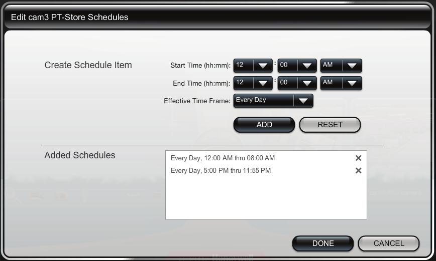 Schedule window This window allows you to setup schedules that define when a motion event can be detected.