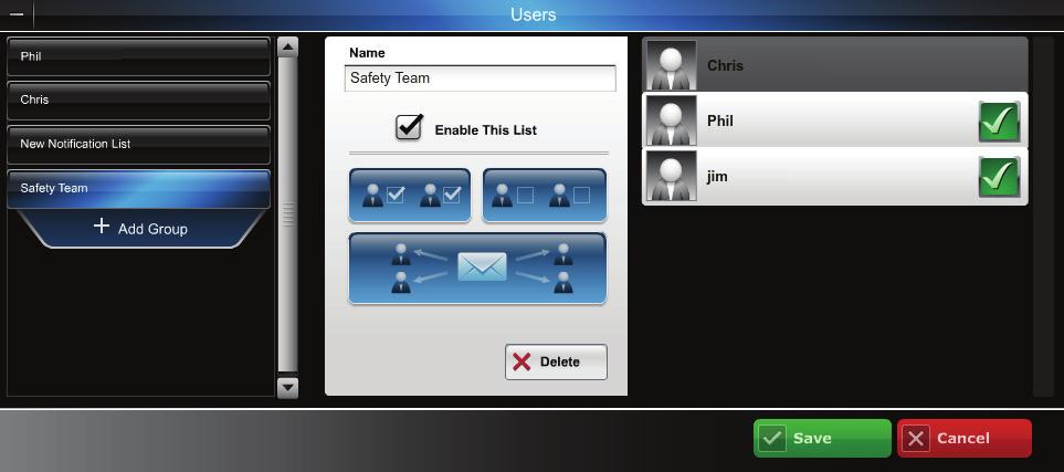 Creating a group and adding members This is where you configure which notifications are sent to each user group.