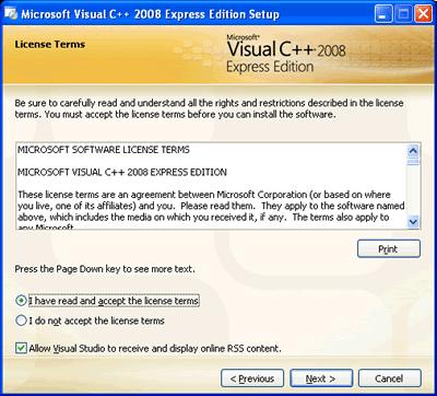 Download Visual C++ 2008 Express Edition You may get asked to install prerequisites if your PC doesn't have the.net 3.5 framework and MSDN, or 68Mb for just the C++ Part.
